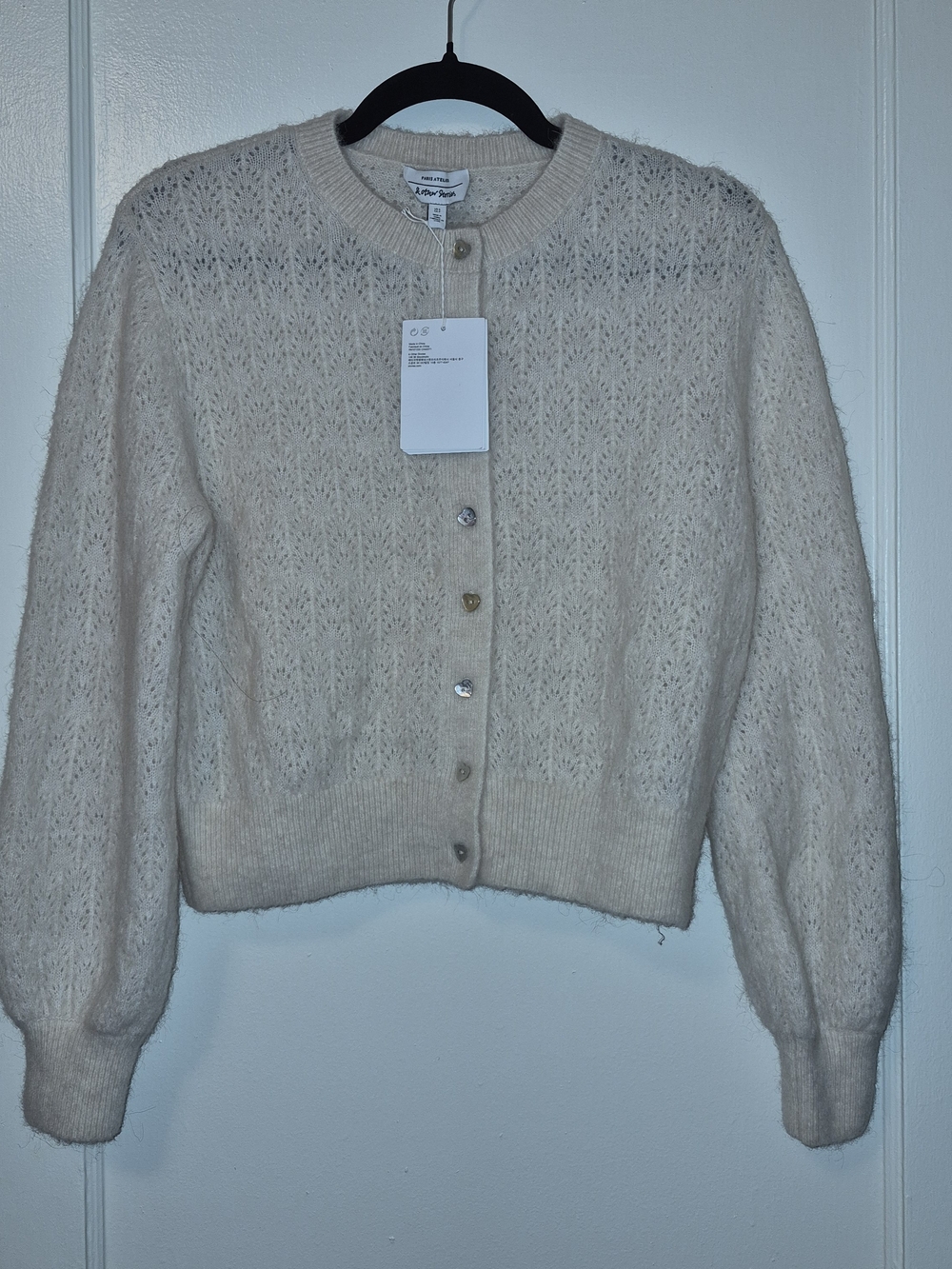 New Tags & Other Stories Cream Eyelet Knit Heart Button Cardigan, Size S